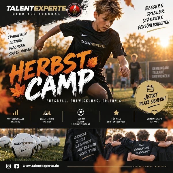 Herbstcamp: Fußball. Entwicklung. Erlebnis. – Junge im TALENTEXPERTE-Trikot beim Dribbling